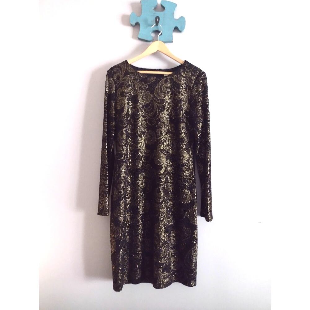 Belle Badgley Mischka Black Gold Metallic Long Sleeve Cocktail Dress 14